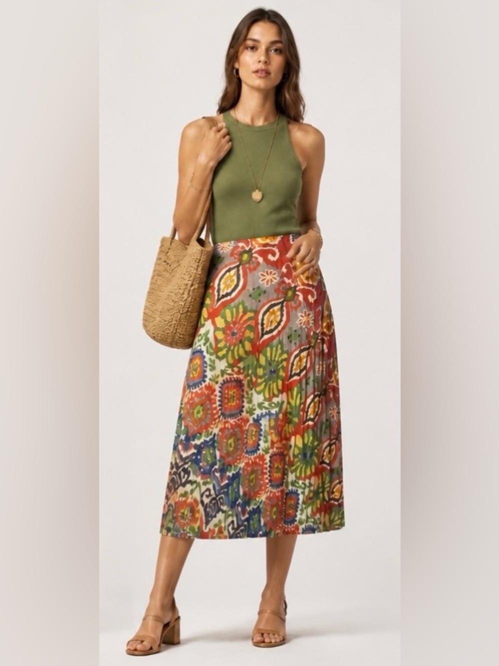 TRIBAL Skirt Midi Knife Pleat Boho Scarf Folk Art Crepe Floral Colorful Lined